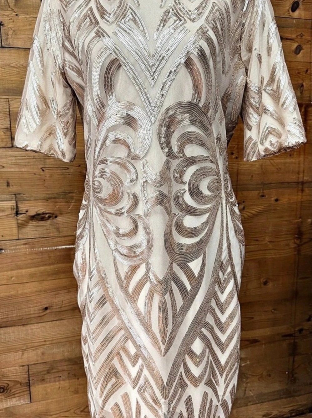 Gianni Bini Sequin Geometric Mini Dress in Cream & Brown Size Large